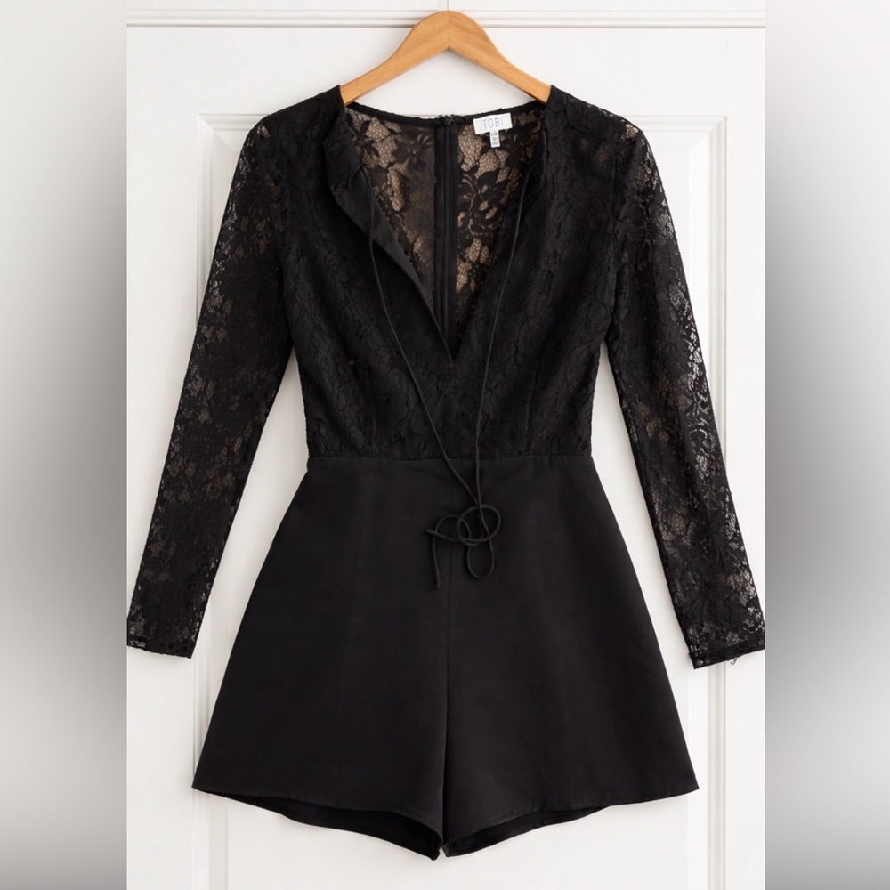 Tobi Black Lace Long-Sleeve Romper with Sheer Panels